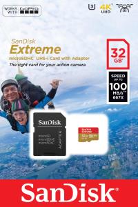 SanDisk micro SDXC Extreme 32GB (A1/ V30/ U3/ UHS-I/ Cl.10/ R100/ W60) + Adapter for Action Cam