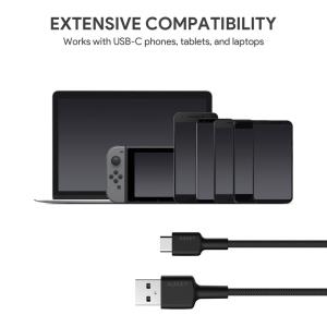 USB Charging cable - 1x Usb Type-A To 1x Usb Type-C - 3A - 0.9m Black (Nylon)