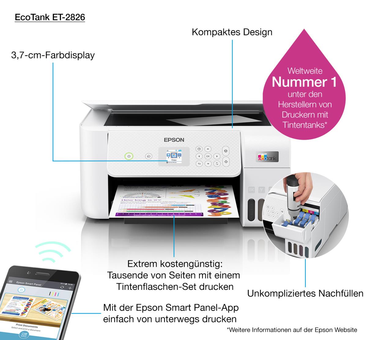EPSON Ecotank Et-2826 - Color All-in-one Printer - Inkjet - A4 - Wi-Fi/ USB  - C11CJ66406 - /en
