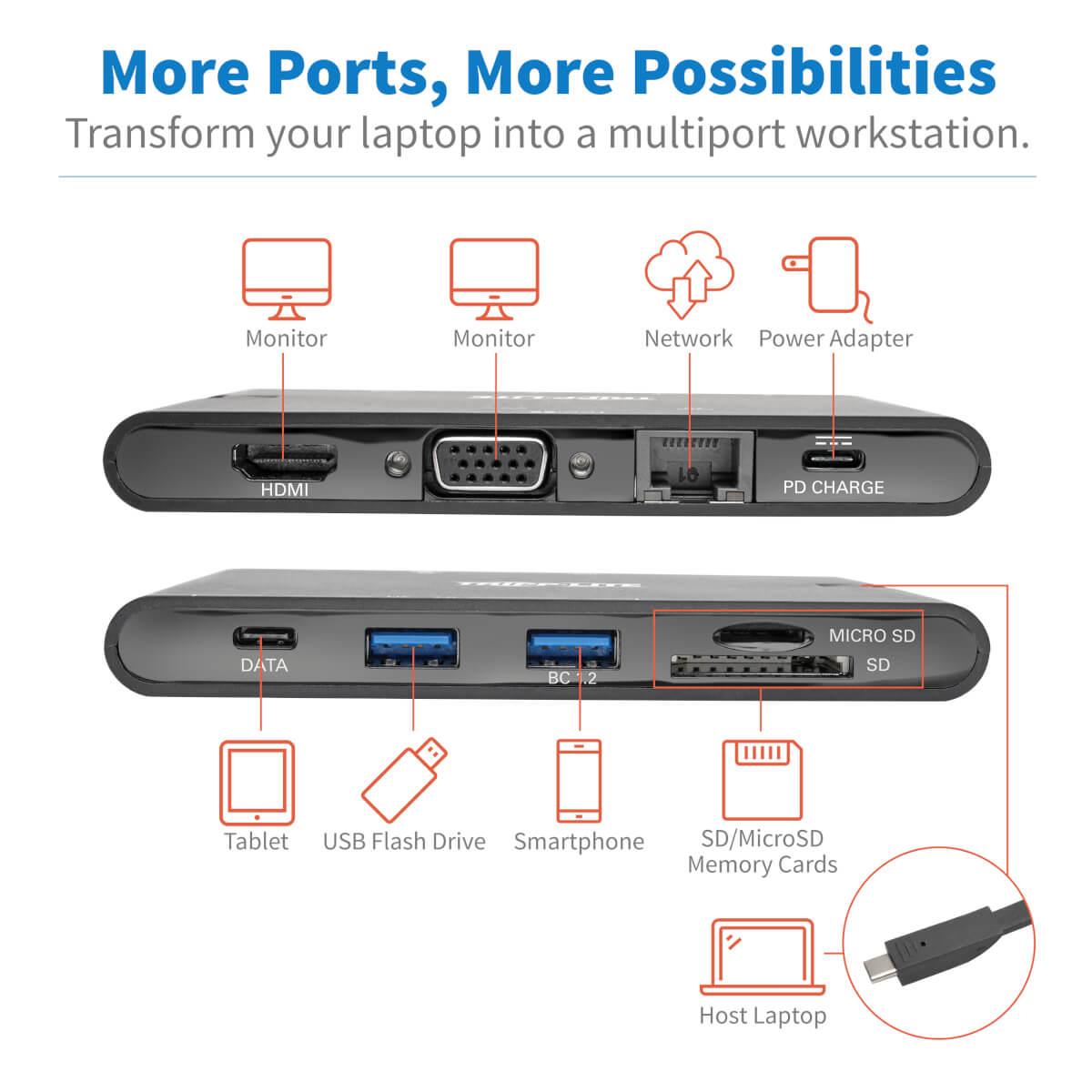 3-Port USB-C Hub, 3x USB-A, Gbe, 100W Charging, PD, QC