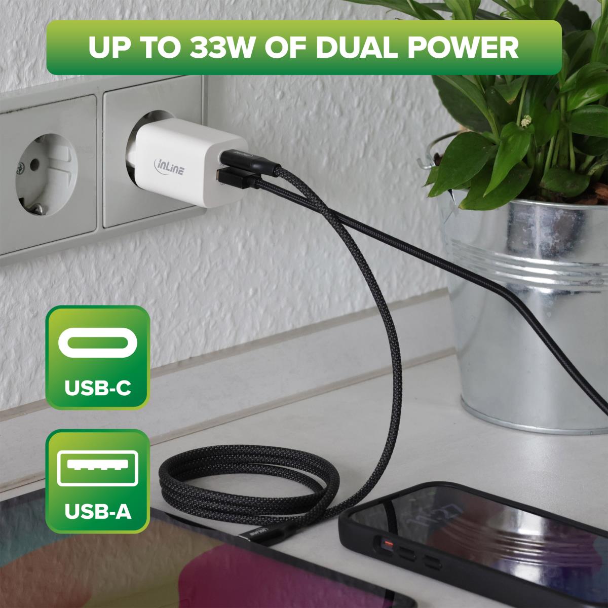 INLINE INC USB power supply charger USB-A + USB Type-C 33W Power ...