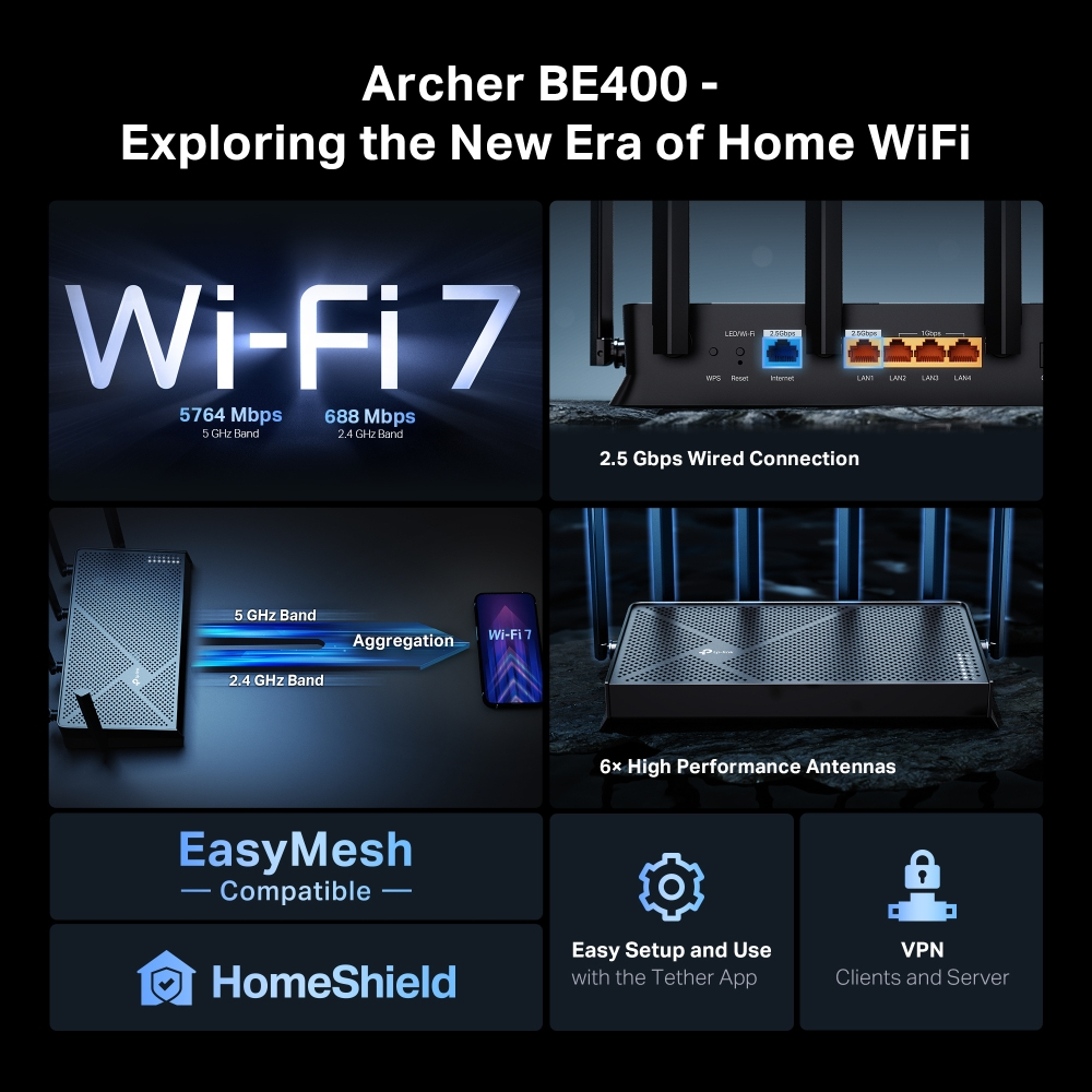 Be400 TP-LINK Wireless Wi-Fi 7 Router Be400 Archer Be6500 Dual Band Black ...